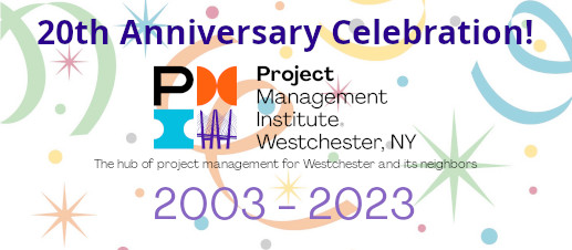 Festive image announcing PMIW's 20th Anniversary:  2003 to 2023